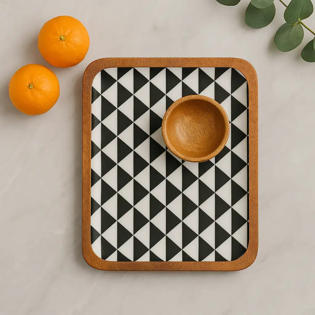 Stylish Black & White Pattern Wooden Serveware