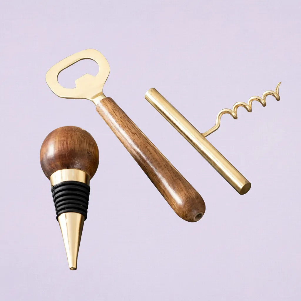 Gold Stainless Steel & Mango Wood Wine Tools Set – 3 Piece Set