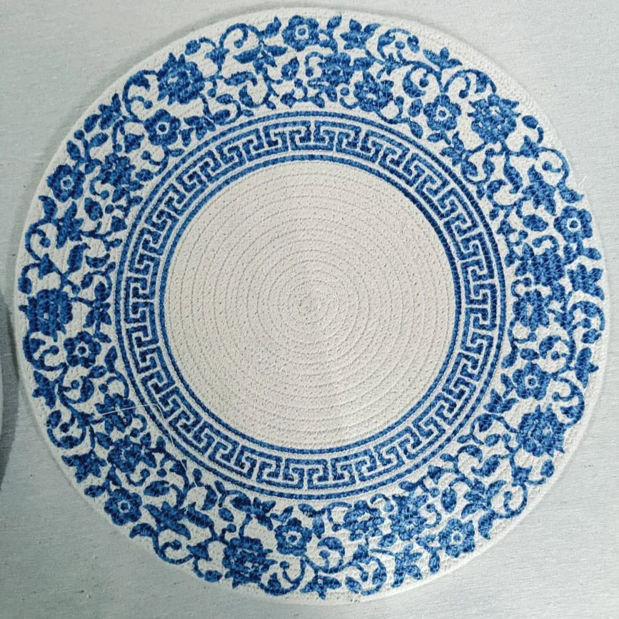 Printed Cotton Handcrafted Designer Placemats - White & Blue