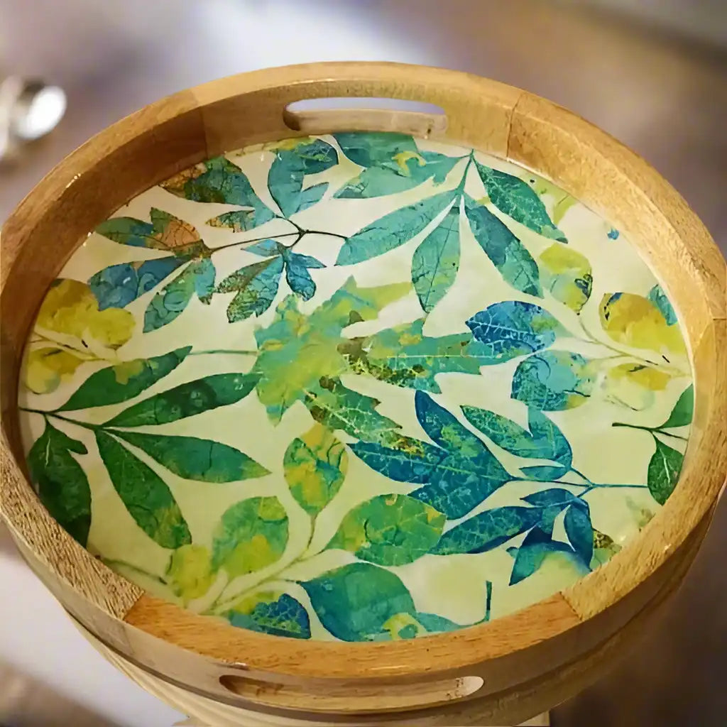 Tropical Green & Blue Leaves Print Wooden Serveware