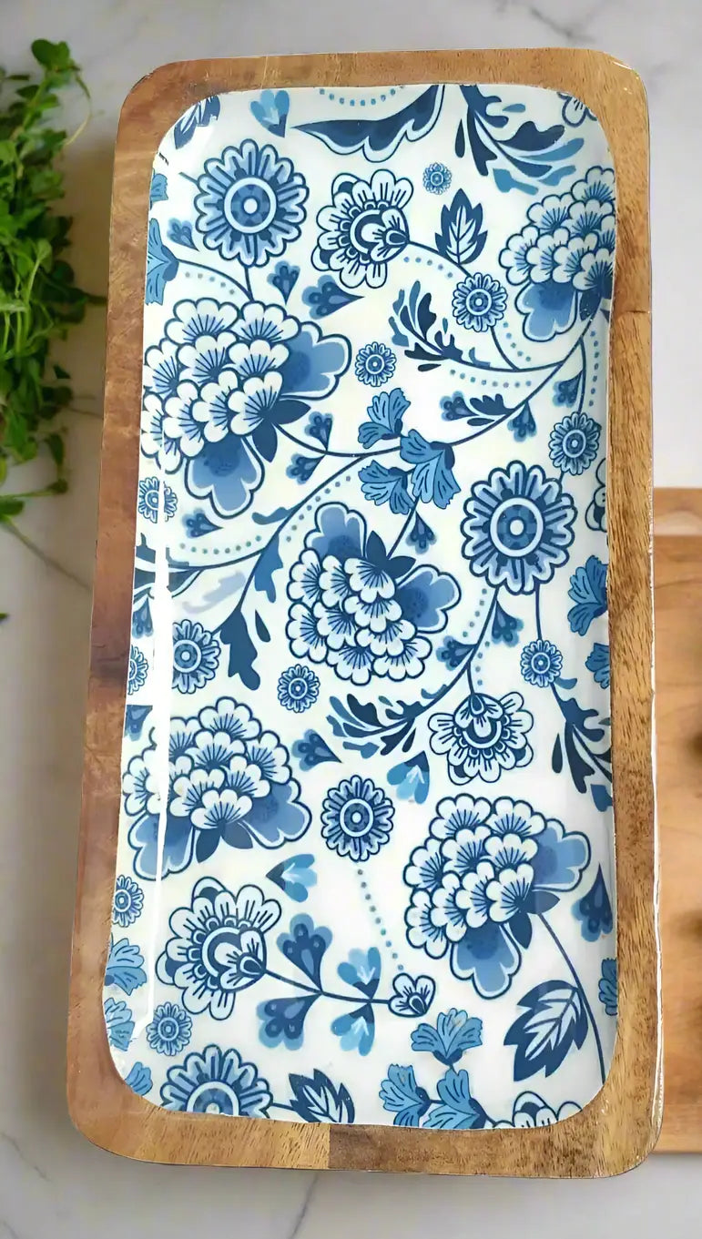 Elegant Blue Blossom Print Wooden Serveware