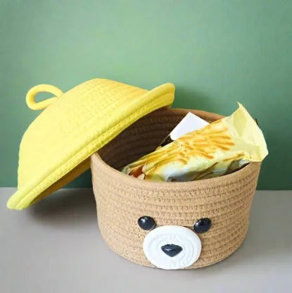 Beige Cotton Storage Basket with Yellow Lid