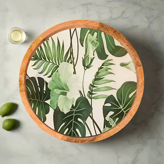 Tropical Green Leaves Print Wooden Serveware