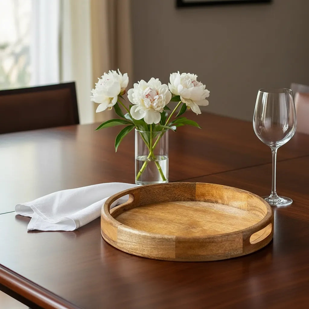 Handcrafted Wooden Round Table Tray - 12 inch