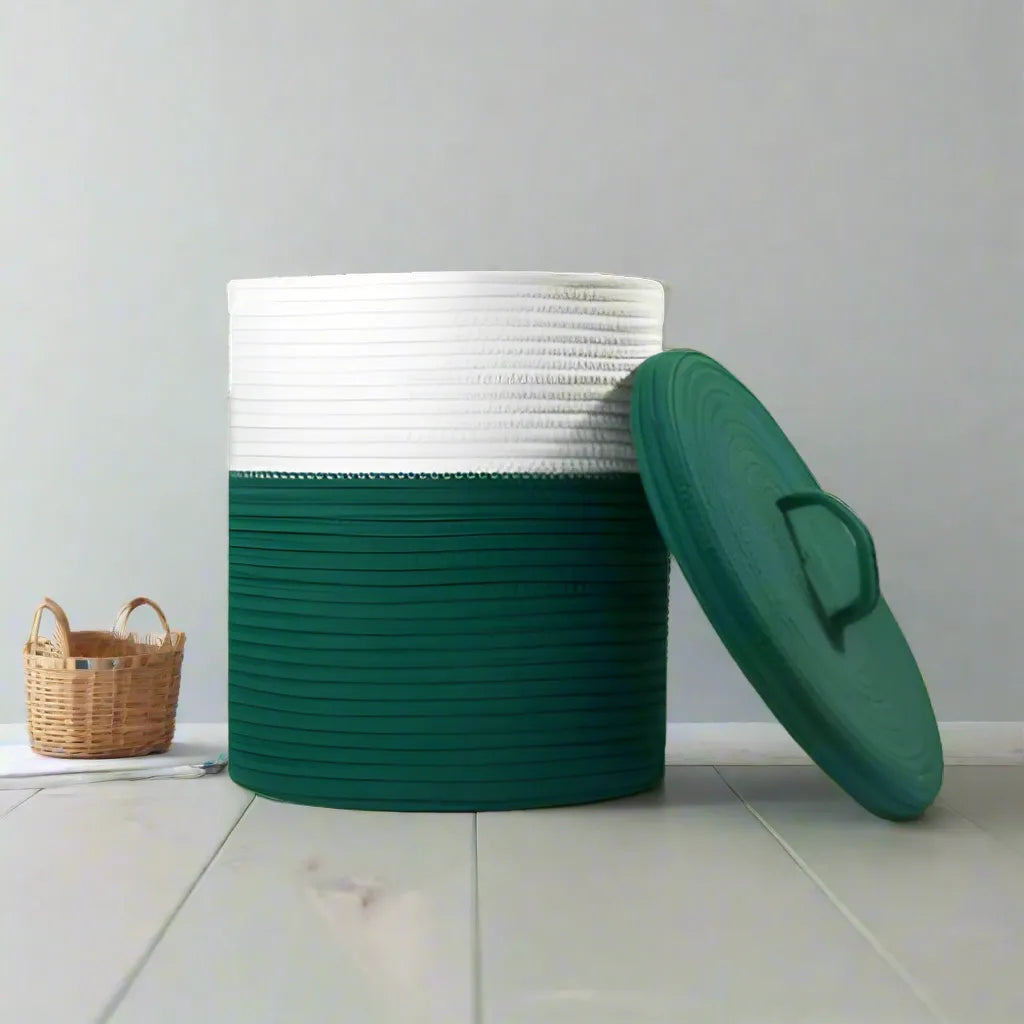 White & Green Portable Cotton Laundry Organiser with Lid - Small, Medium, Large