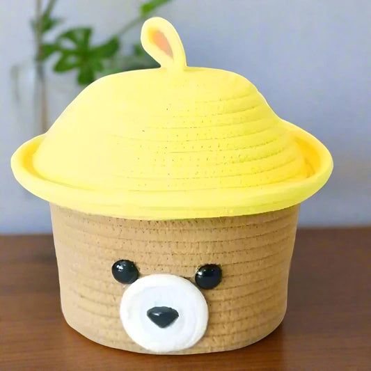 Beige Cotton Storage Basket with Yellow Lid