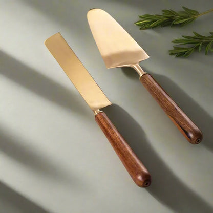 Stainless Steel Cake Knife & Server Set with Walnut Finish Wooden Handle