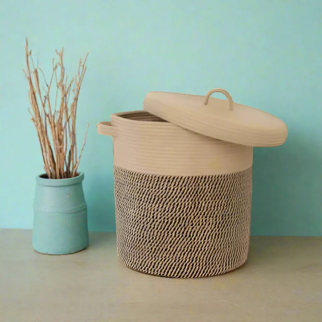 Beige & Black Cotton Storage Basket with Lid - Small, Medium & Large