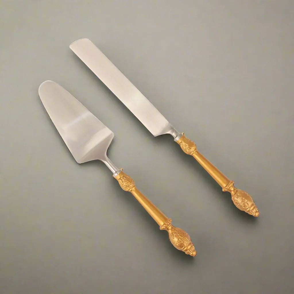 Stainless Steel Cake Knife & Server Set with Gold Finish Handle