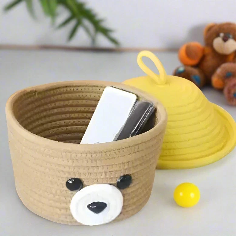 Beige Cotton Storage Basket with Yellow Lid