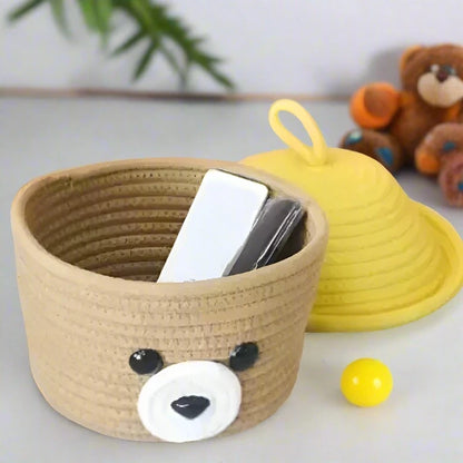 Beige Cotton Storage Basket with Yellow Lid