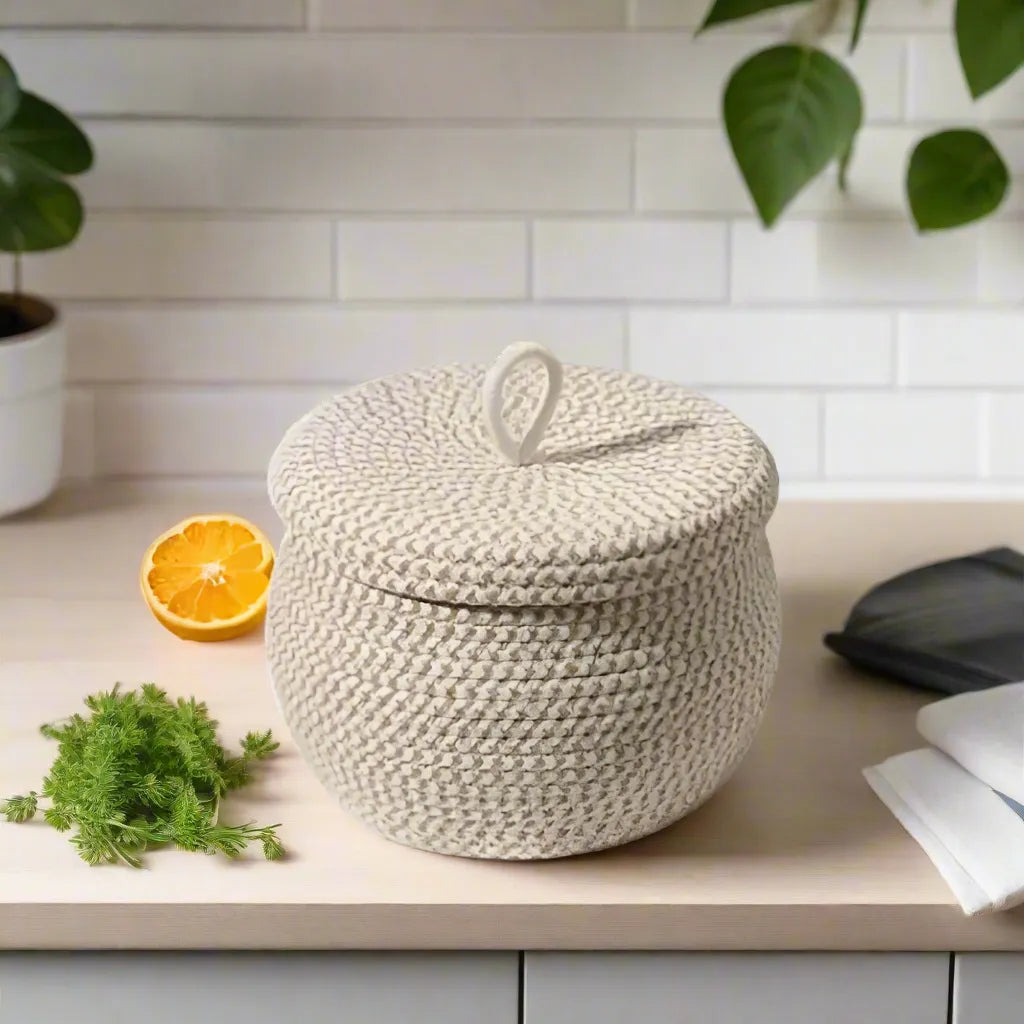 Beige Decorative Cotton Storage Basket with Lid