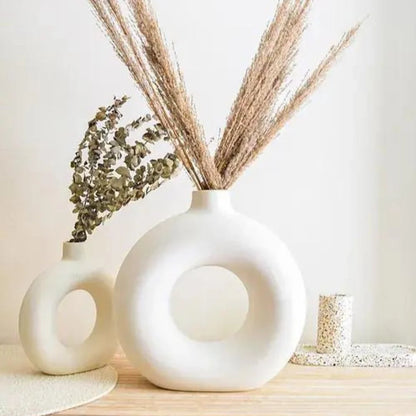 Elegant White Minimalist Ceramic Donut Vase for Home Decor - Multiple Sizes