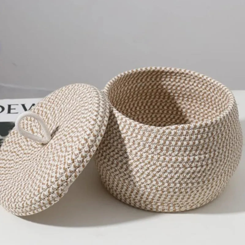 Beige Decorative Cotton Storage Basket with Lid