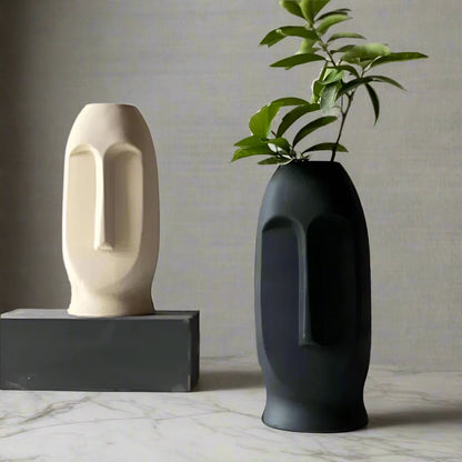 Matte Finish Long Face Ceramic Vase - Off White & Black