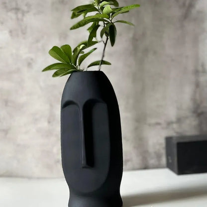 Matte Finish Long Face Ceramic Vase - Off White & Black