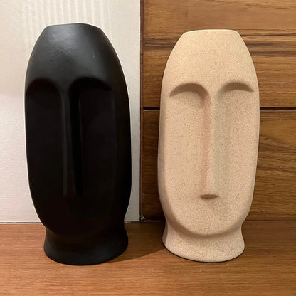 Matte Finish Long Face Ceramic Vase - Off White & Black