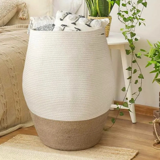 Beige & White Cotton Storage Basket - Medium, Large