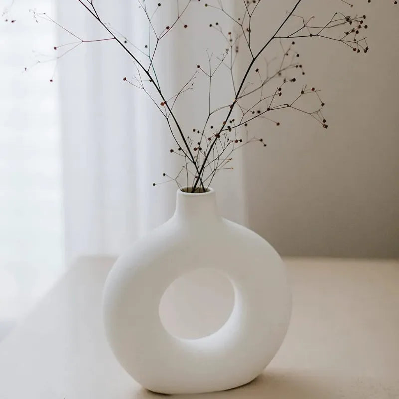 Elegant White Minimalist Ceramic Donut Vase for Home Decor - Multiple Sizes