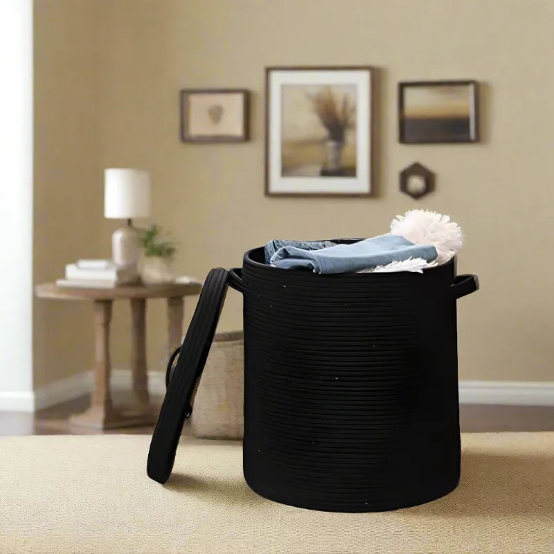 Black Cotton Foldable Laundry Organiser with Lid - Small, Medium & Large