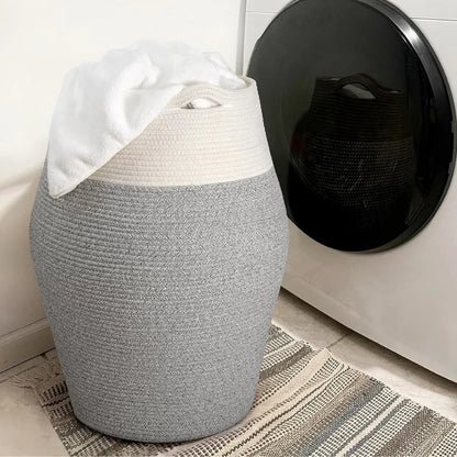 White & Grey Cotton Storage Laundry Basket with Handles - Medium, Large