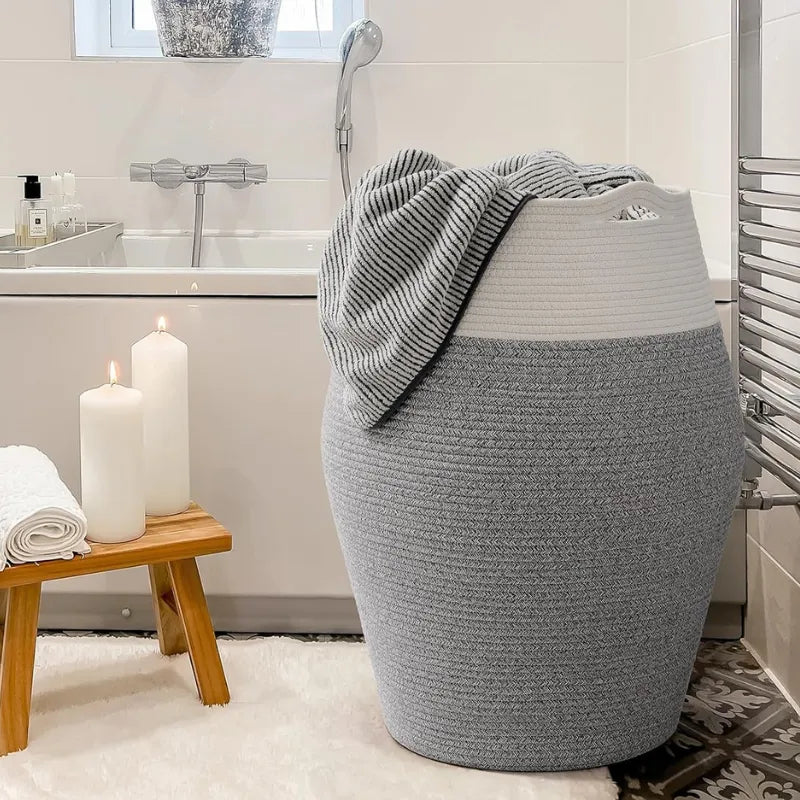 White & Grey Cotton Storage Laundry Basket with Handles - Medium, Large