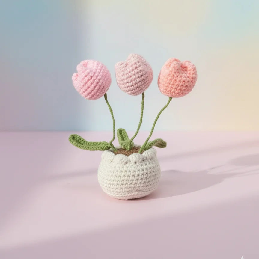 Crochet Tulip Pot Flower Bouquet - Handmade Decor