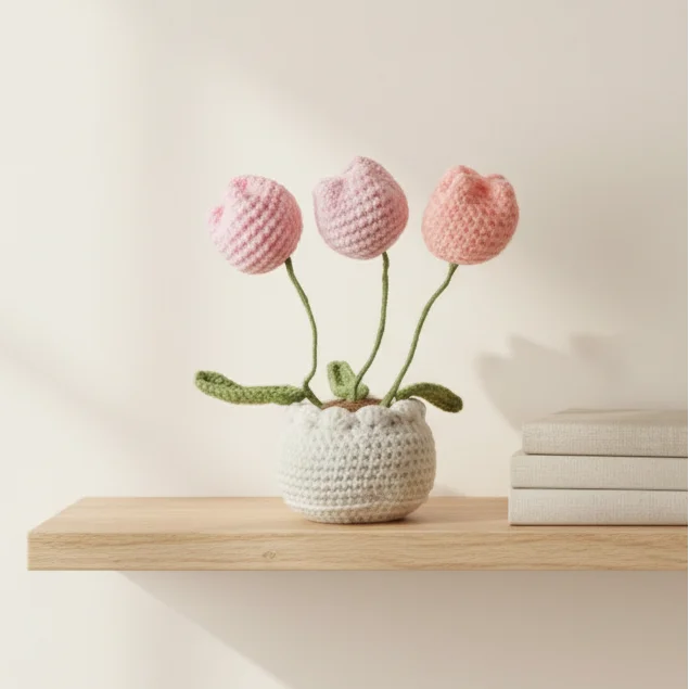 Crochet Tulip Pot Flower Bouquet - Handmade Decor