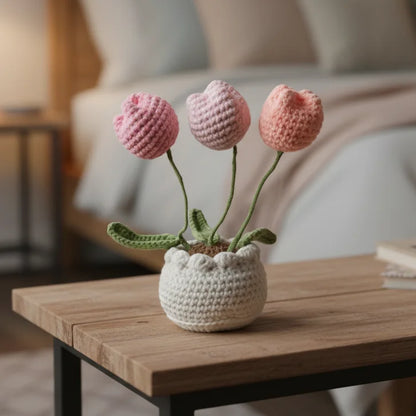 Crochet Tulip Pot Flower Bouquet - Handmade Decor