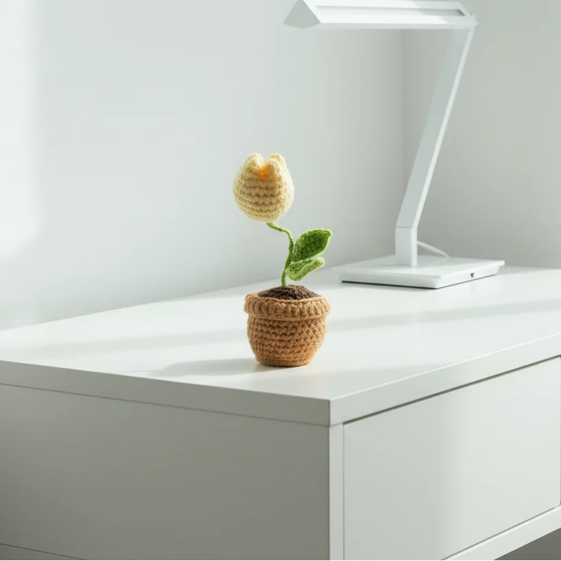 Tulip Crochet Flower in Pot - Home Decor - Yellow