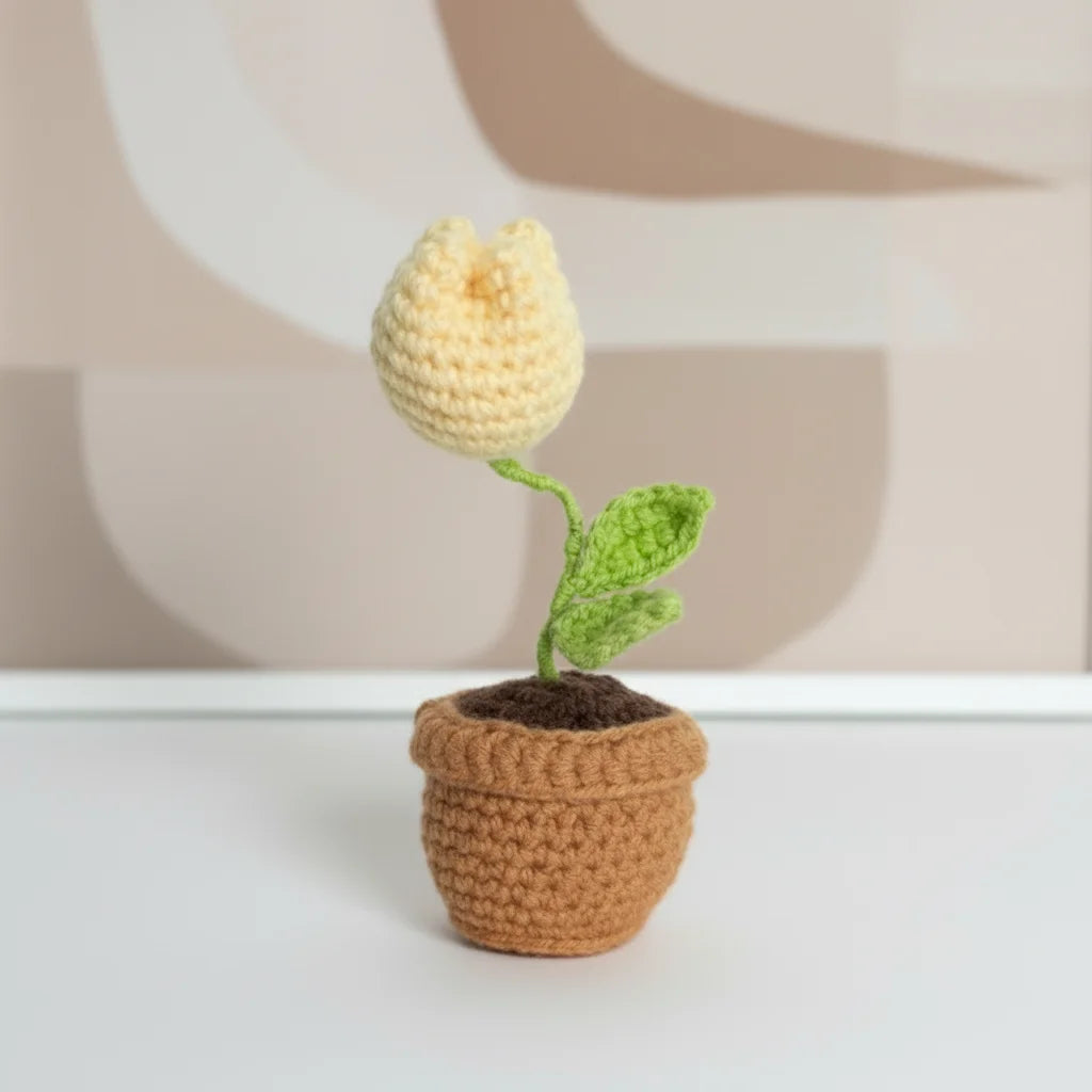 Tulip Crochet Flower in Pot - Home Decor - Yellow