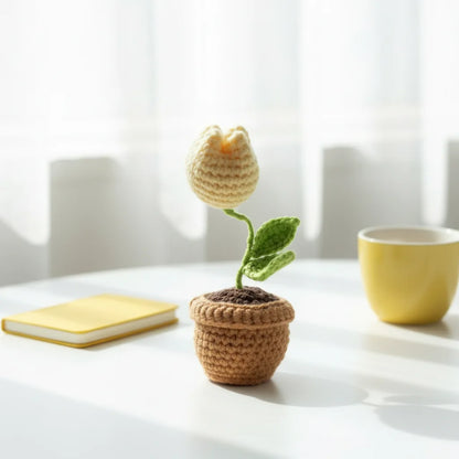 Tulip Crochet Flower in Pot - Home Decor - Yellow