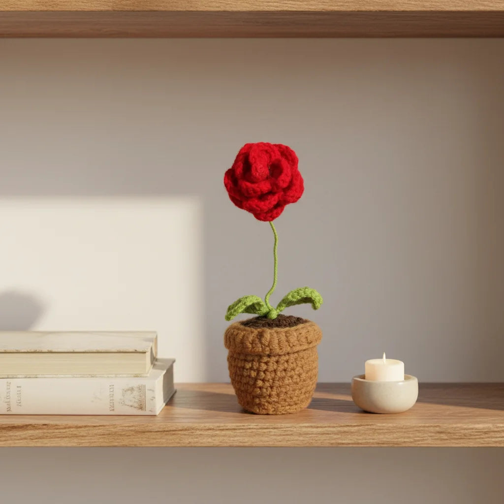 Crochet Flower - Plush Floral Decor - Rose with Pot