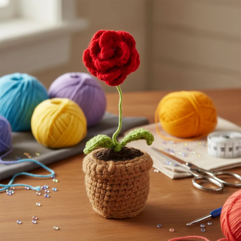 Crochet Flower - Plush Floral Decor - Rose with Pot