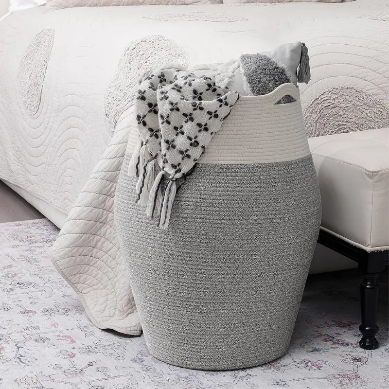 White & Grey Cotton Storage Laundry Basket with Handles - Medium, Large