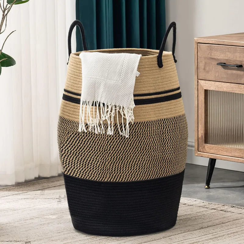 Black & Beige Natural Fiber Laundry Clothes Basket - Medium, Large