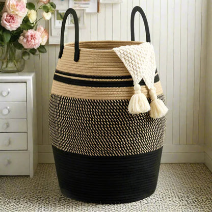 Black & Beige Natural Fiber Laundry Clothes Basket - Medium, Large