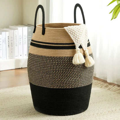 Black & Beige Natural Fiber Laundry Clothes Basket - Medium, Large