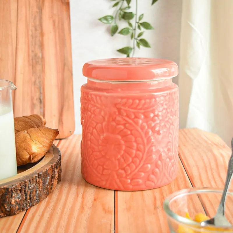 Artisanal Handcrafted Pink Ceramic Storage Jar - 1000 ml