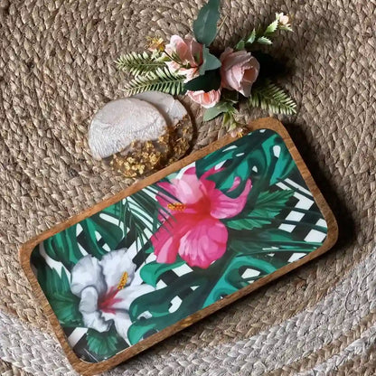 White & Pink Floral Print Wooden Serveware