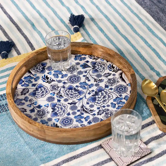 Elegant Blue Blossom Print Wooden Serveware