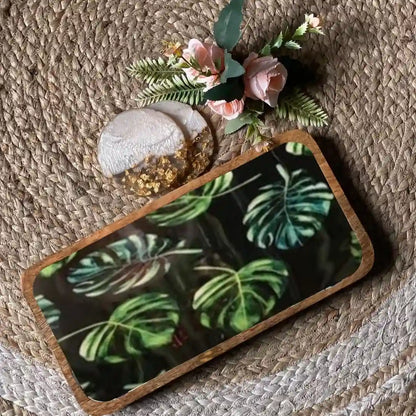 Mystic Green Leaves Print Wooden Serveware