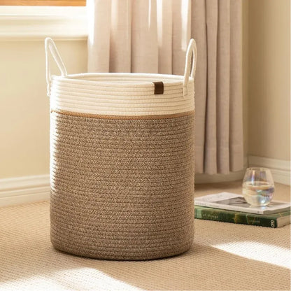 White & Brown Coastal Cotton Rope Basket with Handles - Medium, Large