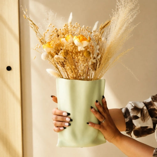 Matcha Sculpted Ceramic Vase with Dried Flowers