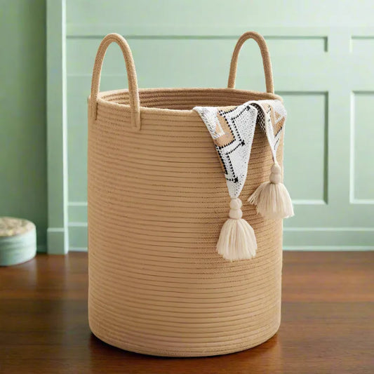 Beige Cotton Laundry Storage Basket with Handles - Medium, Large