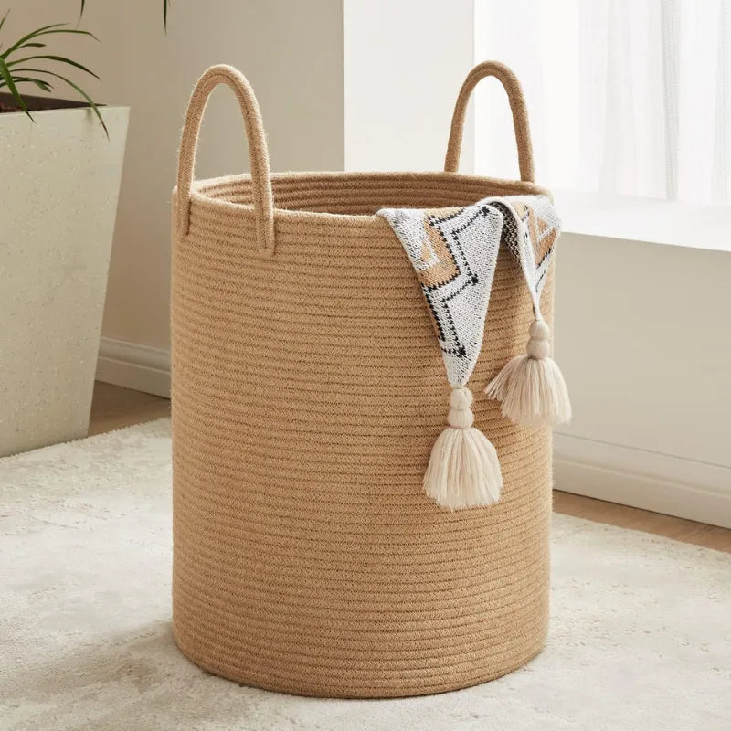 Beige Cotton Laundry Storage Basket with Handles - Medium, Large