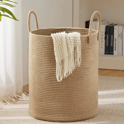 Beige Cotton Laundry Storage Basket with Handles - Medium, Large