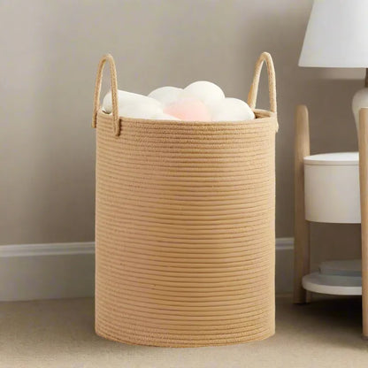 Beige Cotton Laundry Storage Basket with Handles - Medium, Large