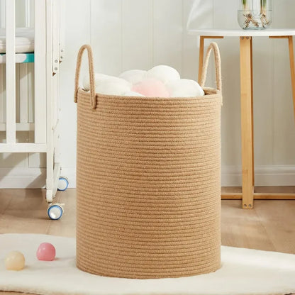 Beige Cotton Laundry Storage Basket with Handles - Medium, Large