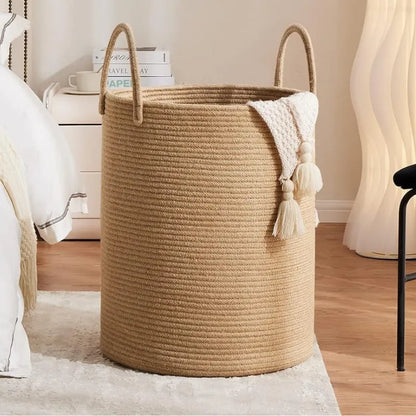 Beige Cotton Laundry Storage Basket with Handles - Medium, Large